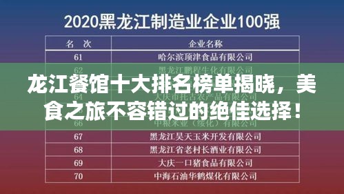 龍江餐館十大排名榜單揭曉，美食之旅不容錯過的絕佳選擇！